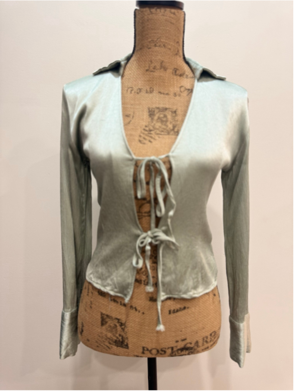 ZARA Sage Green Crinkle Shimmer Tie Front Long Sleeve Blouse XS Fairy Regency